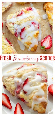 strawberries and cream scones on a white plate with the title overlay reads strawberry scones