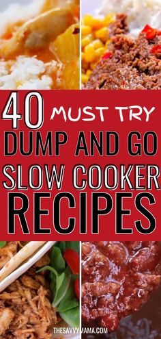 the words 40 must try dump and go slow cooker recipes on top of pictures