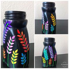 three pictures of painted vases with different colors and designs on the jars, one is black