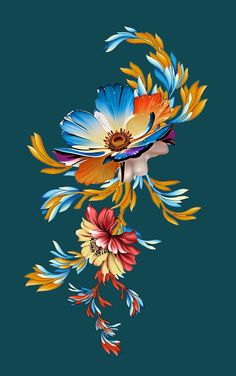 an artistic painting of colorful flowers on a dark blue background with feathers flying in the air