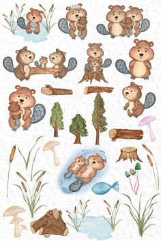 watercolor illustrations of bears and mushrooms in the woods with trees, fish, mushrooms, mushrooms