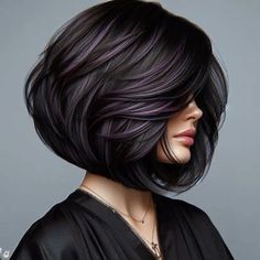 Purple Highlights Bob Haircut, Short Haircut Ideas For Women Bob Styles, Rounded Bangs, Lob Hairstyles, Layered Lob, Bob Haircut Curly, Purple Highlights, Flat Hair