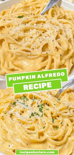 two white bowls filled with pumpkin alfredo and topped with parmesan cheese