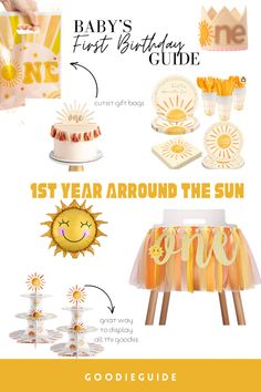 A joyful scene of 1st-year baby birthday celebration with sun-themed decor, sunbursts, and golden accents. 🌞🎉 #1stYearBirthday #SunshineCelebration #BabyBirthdayDecor #firstyeararoundthesun" 1 Year Birthday, Baby Birthday Decorations, Outdoor Gift, Babies First Year, Birthday Hat, Girl First Birthday, First Year, Birthday Theme, Gift Bags