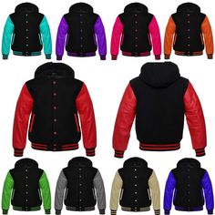 #ad Premium Quality Varsity Letterman Bomber Black Wool & Genuine Leather Sleeves Baseball Hoodie, Fashion Mens Jackets Black Varsity Hooded Jacket For Streetwear, Black Hooded Varsity Hoodie, Varsity Black Hoodie For Winter, Varsity Hooded Jacket For College In Fall, Black Varsity Hooded Jacket For Winter, Black Varsity Sweatshirt With Double-lined Hood, Urban Black Hooded Jacket For College, Black Hooded Jacket For College In Fall, Varsity Hoodie With Double-lined Hood For Fall