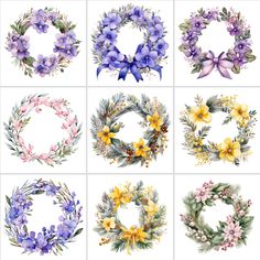 six watercolor wreaths with different flowers and leaves on them, all painted in various colors