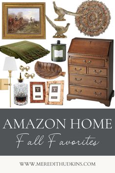 the words amazon home fall favorites are in front of an image of a painting and other items