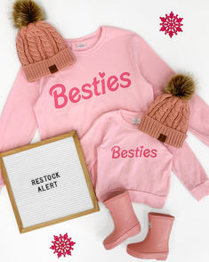 These "Besties" Pink Long Sleeve Tops features long sleeves and a fun "BESTIES" design embossed on the front. Family Portrait Poses, Mom And Me, Matching Mom, Children Top, Pink Design, Pink Long Sleeve, Portrait Poses, Family Portrait, Sleeve Designs