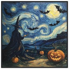 a painting with pumpkins and bats in the foreground is an image of a starry night