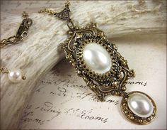 Renaissance Wedding Necklace, White Pearl, Medieval Bridal Pendant, Pearl Necklace, Medieval Necklace, Tudor Costume, Ready to Ship Antique Baroque Jewelry For Wedding, Baroque Necklace With Historical Design For Weddings, Baroque Necklaces With Historical Design For Wedding, Baroque Historical Design Necklace For Wedding, Baroque Wedding Necklace With Historical Design, Baroque Filigree Jewelry For Wedding, Baroque Filigree Wedding Jewelry, Antique Bridal Necklace With Intricate Design, Antique Bridal Necklace With Intricate Design For Wedding