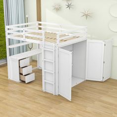 a white loft bed with drawers underneath it