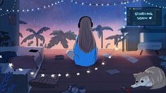 a woman sitting on the floor in front of a tv watching stars and palm trees