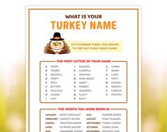 a thanksgiving turkey game with the words what is your turkey name? and an image of a