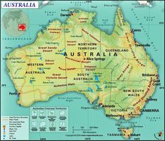 a map of australia with all the major cities and towns on it's side