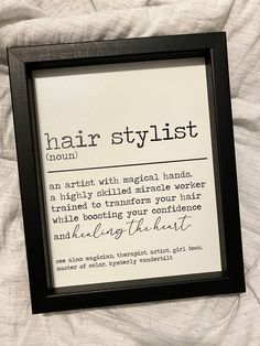 a black frame with a hair stylist poem in it