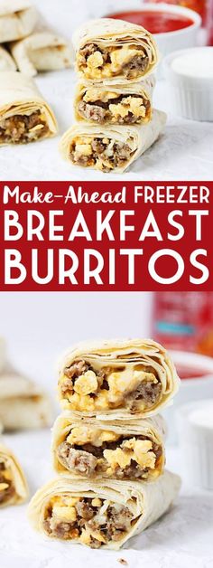 the breakfast burritos are stacked on top of each other and ready to be eaten