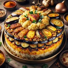 a large cake covered in lots of different types of food on top of a table