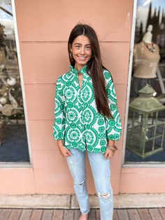 Obsessed with everything about this top! The color & print is stunning & the buttons add such a pretty detail! 100% Polyester Hand wash cold & hang dry Ships from Valdosta Ga Bohemian Printed Button-up Top, Patterned Long Sleeve Tops For Day Out, Green Vacation Tops With Buttons, Green Buttoned Tops For Vacation, Green Tops With Buttons For Vacation, Bohemian Green Tops With Buttons, Green Long Sleeve Vacation Tops, Green Long Sleeve Top For Vacation, Long Sleeve Patterned Tops For Vacation