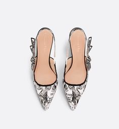 The J'Adior slingback pump is a prime example of Dior's savoir-faire. The white and black embroidered cotton style showcases the season's signature Plan de Paris motif, inspired by House archives and centered around Dior's historic address on Avenue Montaigne. The J'Adior signature embroidered ribbon, bow and 6.5 cm (2.5) comma heel complete the elegant shoe, which can be paired with other Plan de Paris creations.. Dior Sandals, Plan Paris, Avenue Montaigne, Dior Star, Embroidered Ribbon, Icon Shoes, Ballerina Pumps, Dior Book Tote, Christian Dior Couture