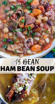 ham bean soup with carrots and beans in a white bowl