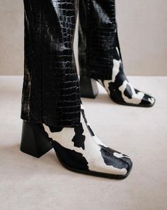 Spring Sandals, 90s Looks, Sustainable Leather, Black Block Heels, Boot Print, Big Dreams, Cute Boots, Boot Types, Cow Pattern