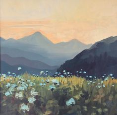 a painting of mountains and flowers in the foreground