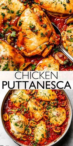 chicken with tomato sauce in a skillet and the words chicken puttanesca above it