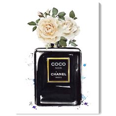 a painting of a chanel bottle with flowers in it and the words coco noir next to it