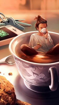 a painting of a person sitting in a coffee cup with chocolate on the table next to it