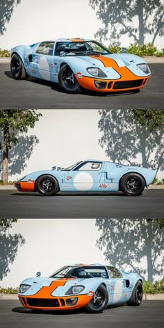 three different views of an orange and blue sports car