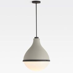 a white and black pendant light hanging from a ceiling fixture with an oval shape on it