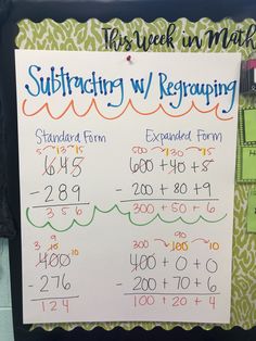 a white board with writing on it and numbers written in multicolored letters that read subtracing wy regrapping