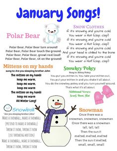 a snowman poem with the words january songs written in different languages and pictures on it