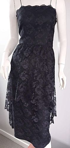 For Sale on 1stDibs - Exceptional vintage 60s MOLLIE PARNIS black Silk Chantilly lace cocktail dress, with a dip hem (train) in the back! Striking silhouette is extremely flattering Tea-length Lace Dress With Lace Trim For Party, Tea Length Lace Dress With Lace Trim For Party, Retro Party Dress With Lace Trim, Black Dresses For Spring Vintage Events, Vintage Knee-length Lace Dress, Retro Lace Party Dress, Retro Lace Dress For Party, Retro Evening Dresses With Lace Trim, Vintage Lace Dress For Summer Evening