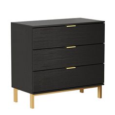 a black dresser with two gold handles and three drawers on each side, against a white background