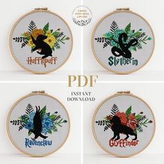 four cross stitch hoops with different designs on them