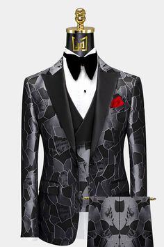 Grey and Black Tuxedo Suit Grey And Black Tuxedo, Black Tie Masquerade, Ball Attire, Black Tuxedo Wedding, Tuxedo Prom, Black Tuxedo Suit, Light Blue Suit, Prom Suit, Prom Tuxedo