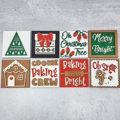 six decorated christmas cards on a white surface with the words merry, ginger, cookie making, baking, crafting, and more