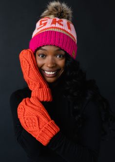 Orange cable knit mittens Fleece lined One size 100% Acrylic Pairs with matching pom hat Ski Bum Pom Hat and Tahoe Pom Hat - Bright Pink Knitted Hats Kids, Sugar Waxing, Beauty Event, Leather Pants Women, Denim Day, Long Sleeve Outerwear, Knit Mittens, Faux Fur Pom Pom, Pom Pom Hat