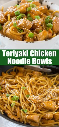 chicken noodle bowls with sesame seeds and green onions in the bowl are ready to be eaten