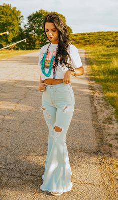 Light stone distressed wash. 5” rise. 36” inseam. Sizing Guide: Size 1: 24 Size 3: 25 Size 5: 26 Size 7: 27 Size 9: 28 Size 11: 29 Size 13: 30 Size 15: 31 Rodeo Fits, Bell Bottom Jeans Outfit, Cute Cowgirl Outfits