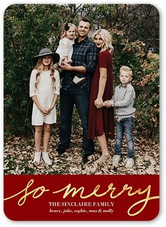 a family photo with the words go merry in gold foil on white paper, surrounded by leaves