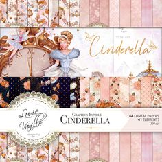 digital paper pack featuring pink, gold and white fairy princess themed papers with the words cinderella written