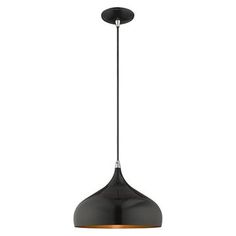 the black and gold pendant light fixture is hanging from a metal rod with an open end