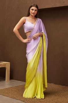 Lilac to lime ombre effect saree with sequin work on the border. Paired with a padded blouse with placement sequin work - Aza Fashions Papa Don't Preach, My Future Husband, Simple Saree Designs, To My Future Husband, Bridesmaid Saree, Plain Saree, Run To You, Simple Sarees, Blouse Neck