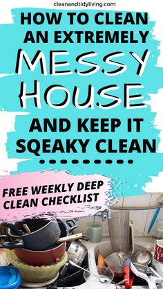 a pile of dirty dishes sitting on top of a kitchen counter with the words how to clean an extremely messy house and keep it sneaky clean