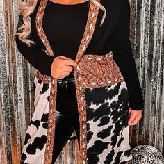 Black Western Pattern Cow Patchwork Open Front Cardigan 95%Polyester+5%Elastane Cow And Western Pattern Patchwork Is Very Casual And Chic Open Front Cardigan Is Perfect To Show Women’s Charming Curve Made Of Soft, Lightweight And Breathable Fabric For A Cozy Wear Pair With T Shirt, Tank Top, Jeans, Pants, Skirts, Sandals, High Heels, Etc Sm(4-6) Med(8-10) Lg(12-14) Xl(16-18) 2xl(18-20) Lc2541430-2 Western Pattern, Cozy Wear, Boho Mode, Boho Cardigan, Top Jeans, Cable Knit Sweater Cardigan, Pants Skirts, Western Outfits Women, Cardigan Casual