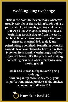 the wedding ring exchange poem is shown in black and gold