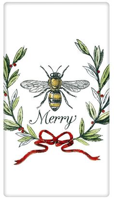 a christmas card with a bee on it and holly wreaths around the bees head