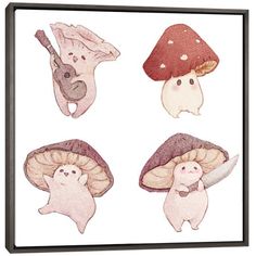 four different types of mushrooms on a white background framed canvas wall art print by person